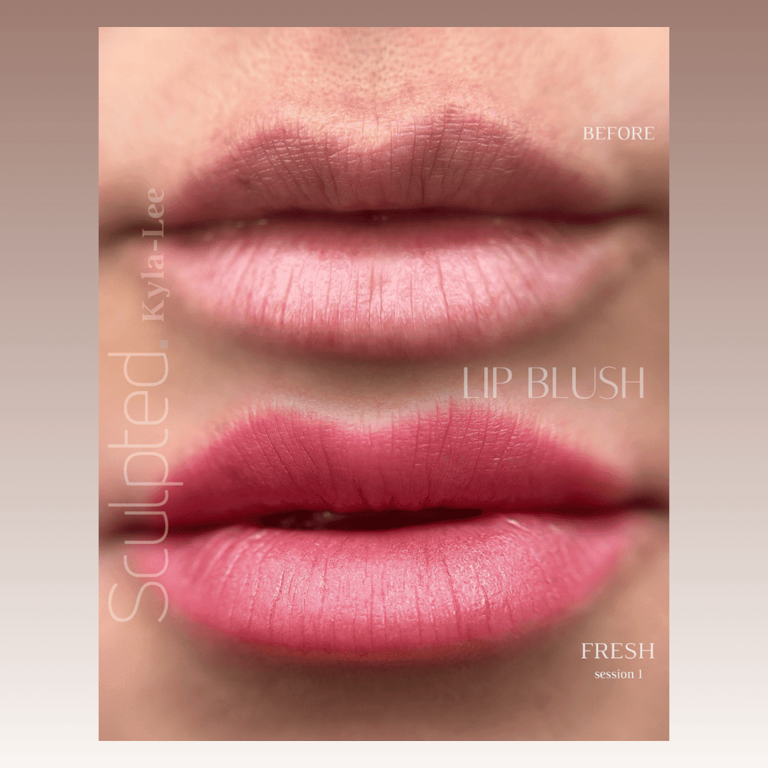 Before and after lip blush showing freshly enhanced lips with bold, defined color at Kyla Paris