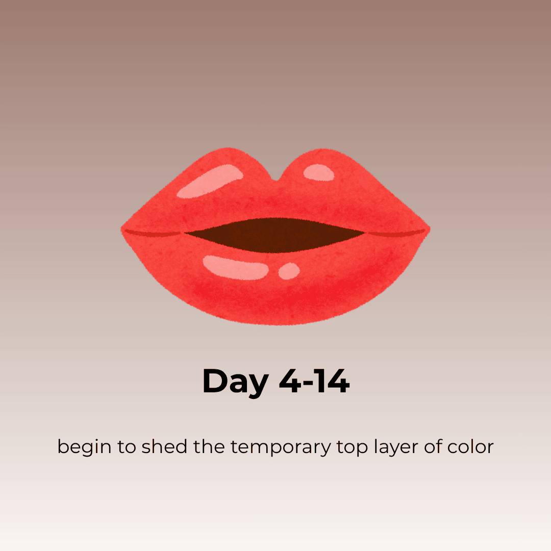 Lip blush healing days 4-14 showing mild flaking and lighter patches as color begins to soften